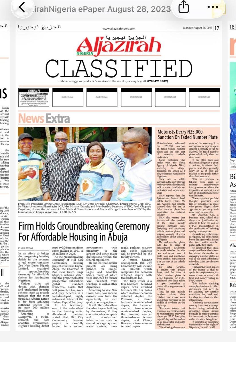 Aljazirah Nigeria ePaper page covering the Living Grace Foundation Enugu medical mission
